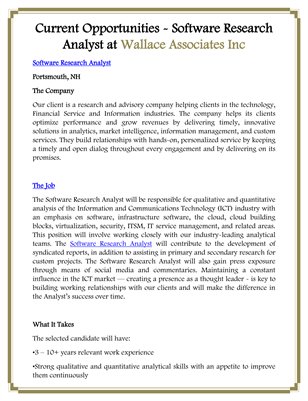 Current Opportunities - Software Research Analyst at Wallace Associates Inc