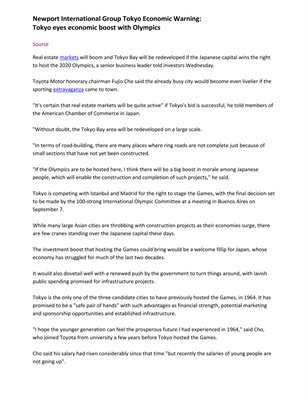 Newport International Group Tokyo Economic Warning: Tokyo eyes economic boost with Olympics