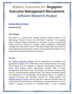 Wallace Associates Inc Singapore Executive Management Recruitment: Software Research Analyst