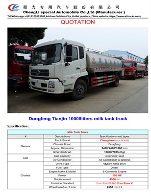 Dongfeng Tianjin 10000liters milk tank truck