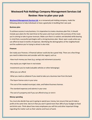 Westward Pub Holdings Company Management Services Ltd Review: How to plan your pub