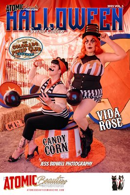 Atomic Beauties Magazine: Halloween Special Edition 2025 Vol 5 - Vida Rose and Candy Corn Cover Poster