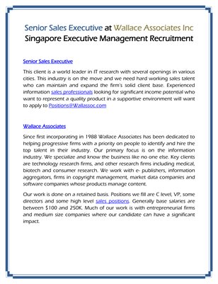 Senior Sales Executive at Wallace Associates Inc Singapore Executive Management Recruitment