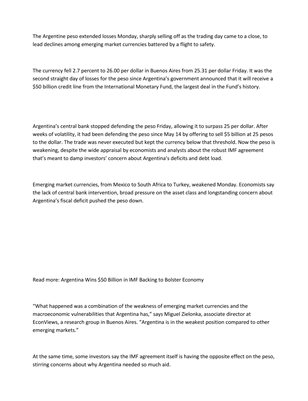 Islington Associates Zurich Switzerland: Argentine Peso Falls to Record for Second Day After IMF Accord