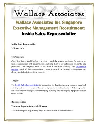 Wallace Associates Inc Singapore Executive Management Recruitment: Inside Sales Representative