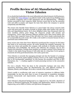 Profile Review of AG Manufacturing’s Victor Edozien