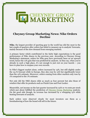 Cheyney Group Marketing News: Nike Orders Decline
