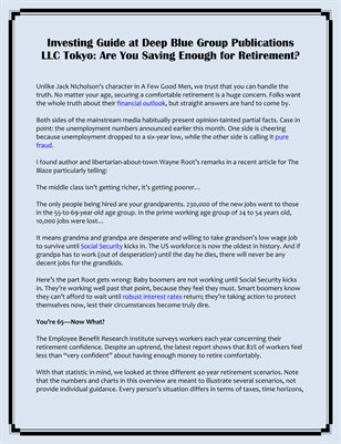 Investing Guide at Deep Blue Group Publications LLC Tokyo: Are You Saving Enough for Retirement?