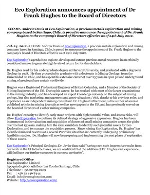 Eco Exploration announces appointment of Dr Frank Hughes to the Board of Directors