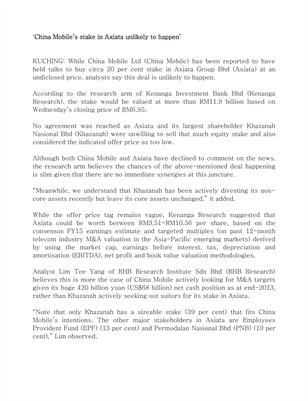 ‘China Mobile’s stake in Axiata unlikely to happen’