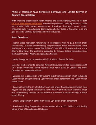 Philip D. Backman Q.C: Corporate Borrower and Lender Lawyer at Bennett Jones Calgary