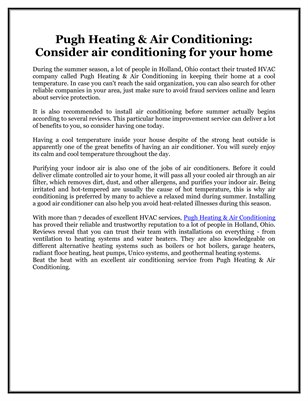 Pugh Heating & Air Conditioning: Consider air conditioning for your home