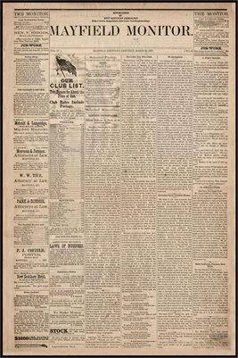 (PAGES 1-2) MARCH 29, 1879 MAYFIELD MONITOR NEWSPAPER, MAYFIELD, GRAVES COUNTY, KENTUCKY