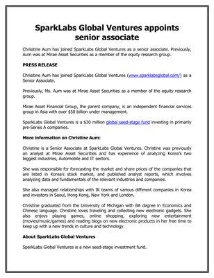 Sparks Corporation: SparkLabs Global Ventures appoints senior associate