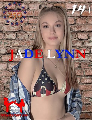 Jade Lynn - Petite Blonde Glamour Teen with Pigtails Model Wears an American Flag Bikini Blue Jeans