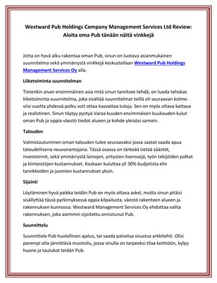 Westward Pub Holdings Company Management Services Ltd Review: Aloita oma Pub tänään näitä vinkkejä