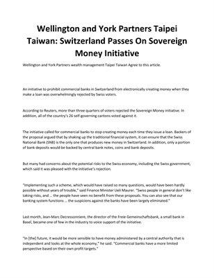 Wellington and York Partners Taipei Taiwan: Switzerland Passes On Sovereign Money Initiative