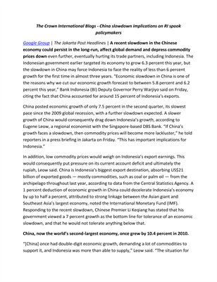 The Crown International Blogs - China slowdown implications on RI spook policymakers