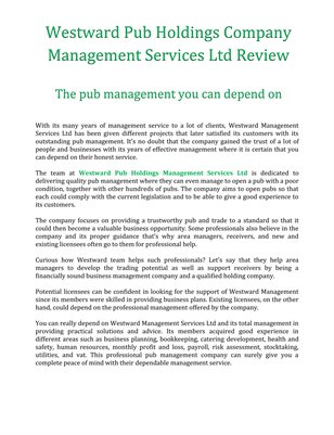 Westward Pub Holdings Company Management Services Ltd Review: The pub management you can depend on