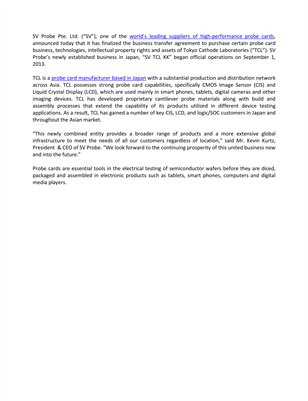 SV TCL & Associates Probe Company China Japan Europe Finalizes Acquisition of Tokyo Cathode Laboratories
