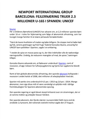 Newport International Group Barcelona: Fejlernæring truer 2,3 millioner U-16s i Spanien - UNICEF