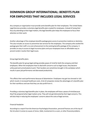 DOMINION GROUP INTERNATIONAL: BENEFITS PLAN FOR EMPLOYEES THAT INCLUDES LEGAL SERVICES