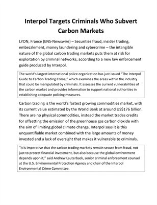Interpol Targets Criminals Who Subvert Carbon Markets