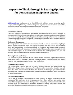 Aspects to Think through in Leasing Options for Construction Equipment Capital