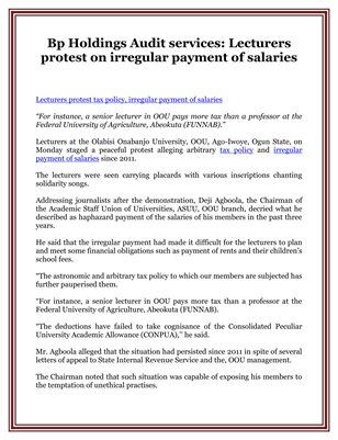 Bp Holdings Audit services: Lecturers protest on irregular payment of salaries