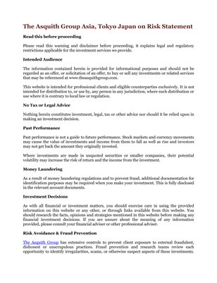 The Asquith Group Asia, Tokyo Japan on Risk Statement