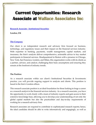 Current Opportunities: Research Associate at Wallace Associates Inc