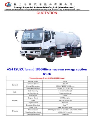 6X4 ISUZU brand 18000liters vacuum sewage suction truck