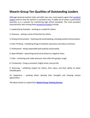 Shearin Group Ten Qualities of Outstanding Leaders