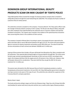 DOMINION GROUP INTERNATIONAL: BEAUTY PRODUCTS SCAM ON MIXI CAUGHT BY TOKYO POLICE