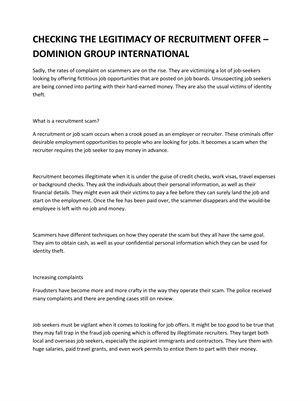 CHECKING THE LEGITIMACY OF RECRUITMENT OFFER – DOMINION GROUP INTERNATIONAL