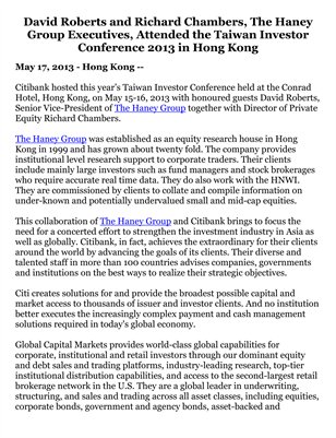 David Roberts and Richard Chambers, The Haney Group Executives, Attended the Taiwan Investor Conference 2013 in Hong Kong
