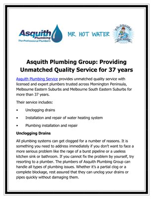 Asquith Plumbing Group: Providing Unmatched Quality Service for 37 years