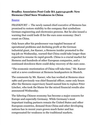 Bradley Associates Post Code BA 34911414218: New Siemens Chief Sees Weakness in China