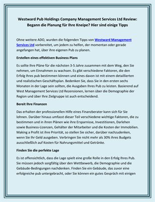 Westward Pub Holdings Company Management Services Ltd Review: Begann die Planung für Ihre Kneipe? Hier sind einige Tipps