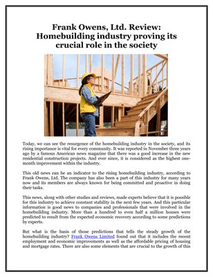Frank Owens, Ltd. Review: Homebuilding industry proving its crucial role in the society