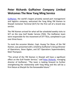 Peter Richards Gulftainer Company Limited Welcomes The New Yang Ming Service