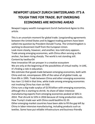 NEWPORT LEGACY ZURICH SWITZERLAND: IT’S A TOUGH TIME FOR TRADE. BUT EMERGING ECONOMIES ARE MOVING AHEAD