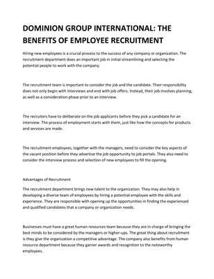 DOMINION GROUP INTERNATIONAL: THE BENEFITS OF EMPLOYEE RECRUITMENT