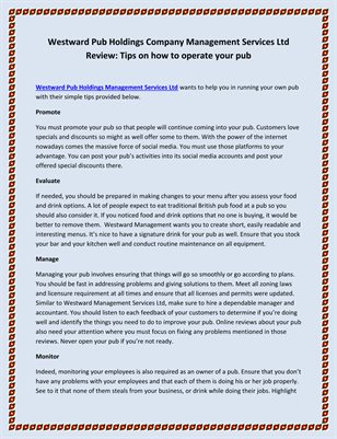 Westward Pub Holdings Company Management Services Ltd Review: Tips on how to operate your pub