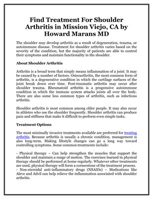 Find Treatment For Shoulder Arthritis in Mission Viejo, CA by Howard Marans MD