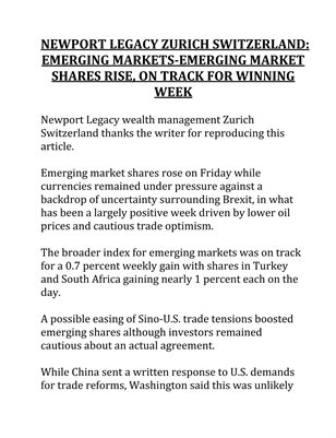 NEWPORT LEGACY ZURICH SWITZERLAND EMERGING MARKETS-EMERGING MARKET SHARES RISE, ON TRACK FOR WINNING