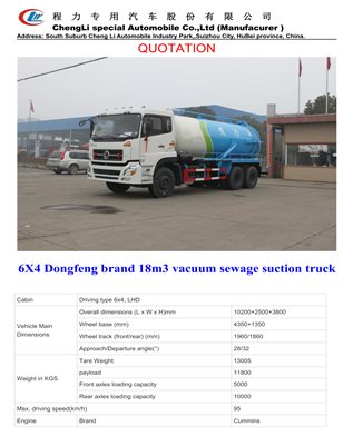 6X4 Dongfeng brand 18m3 vacuum sewage suction truck