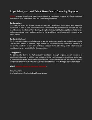 To get Talent, you need Talent. Nexus Search Consulting Singapore