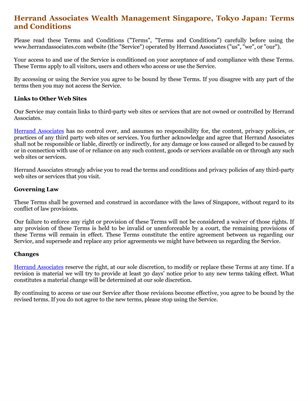Herrand Associates Wealth Management Singapore, Tokyo Japan: Terms and Conditions