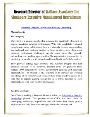 Research Director at Wallace Associates Inc Singapore Executive Management Recruitment
